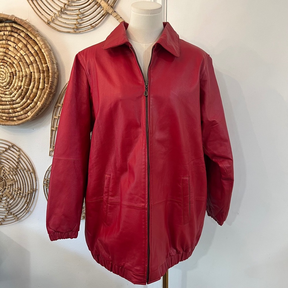 Vintage Venezia Red Leather Zip Up Bomber Jacket Oversized 90s Plus Size 16W - Picture 2 of 13